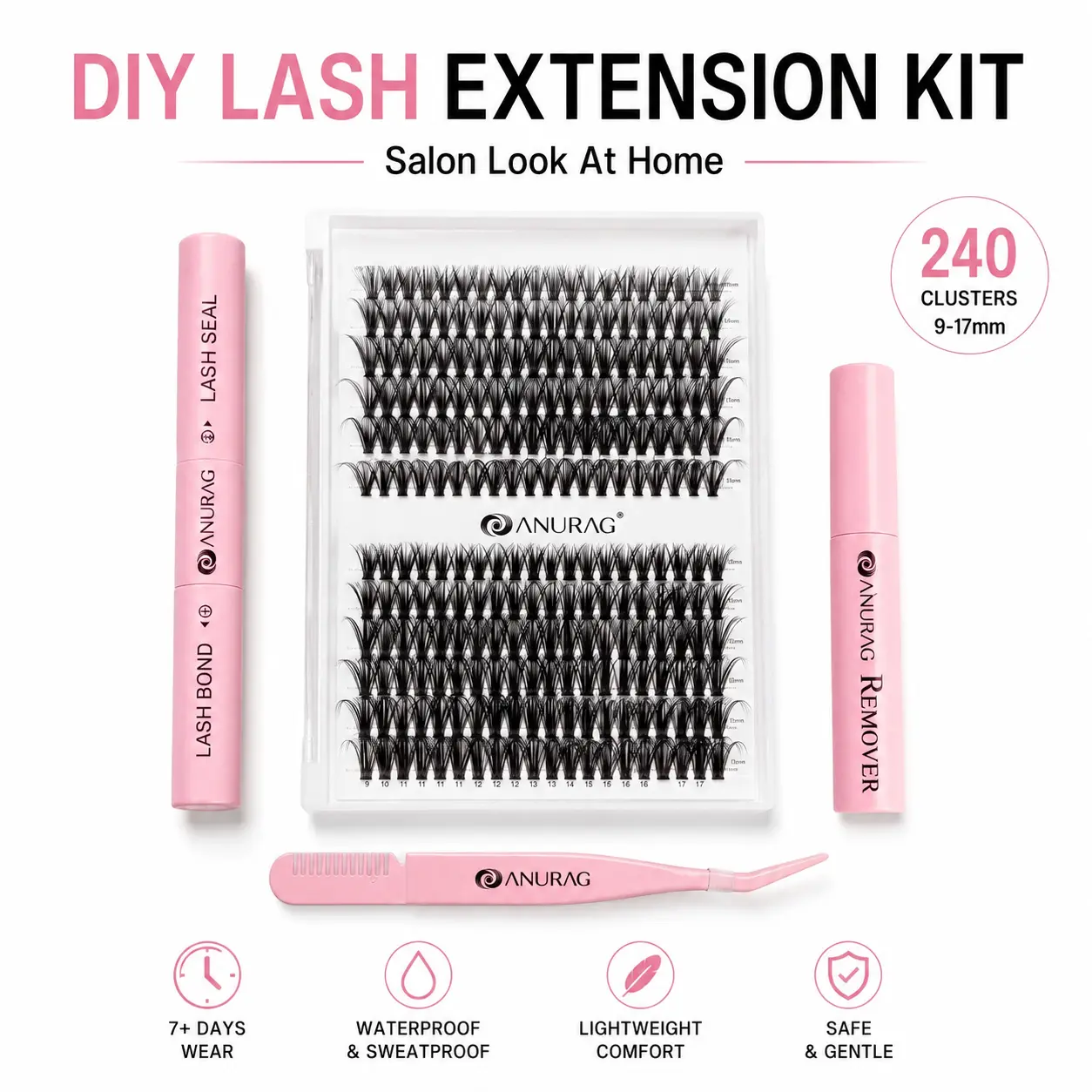 ANURAG DIY Cluster Eyelash Extensions Kit - D-Curl 240 Mixed 9-17mm Clusters, 2-in-1 Bond & Seal Glue, Gentle Remover, Precision Curved Tweezer, 7+ Days Waterproof Reusable At-Home Set for Beginners' Daily Natural Looks backtoschool