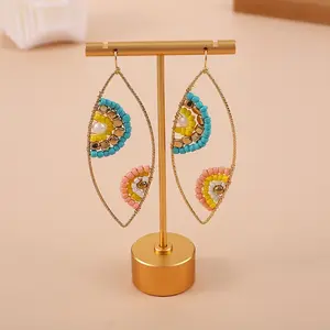 Boho Beaded Drop Earrings for Women Geometric Teardrop Hoop Earrings Handmade Seed Bead Statement Earrings Tribal Bohemian Jewelry