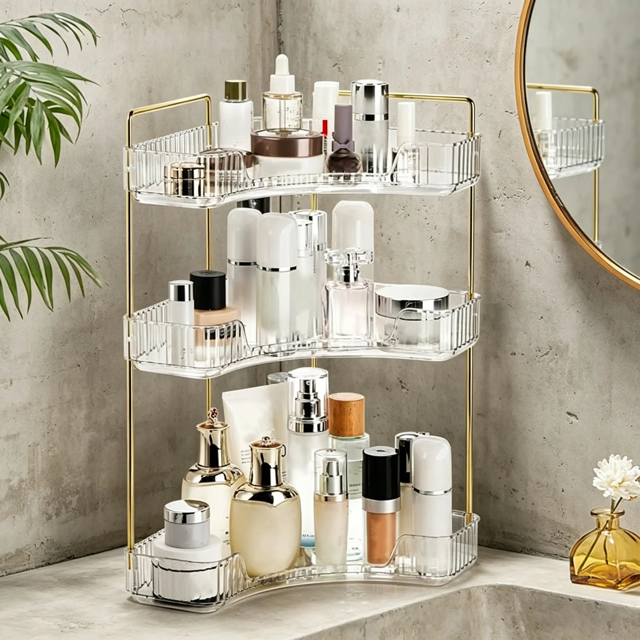 3-Tier Corner Bathroom Organizer Aesthetic Vanity Storage Shelf for Makeup Skincare Perfume Space-Saving Countertop Tray White 90-Degree Design Multipurpose Organizer,BackToSchool