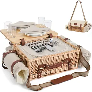 Multifunctional four-person wicker picnic basket set, equipped with a blanket and picnic table, complete with tableware and insulated picnic kit, suitable for outdoor camping couples, made of natural materials