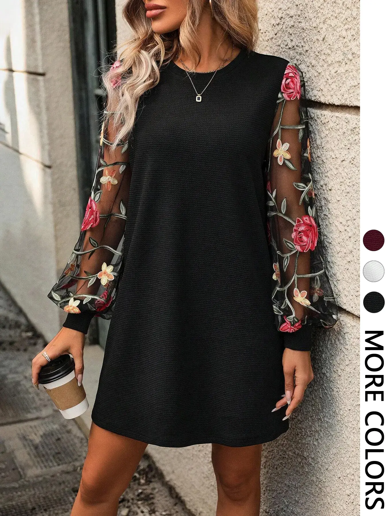 Women's Floral Embroidery Mesh Fabric Balloon Bishop Sleeve Dress, Elegant Chic Long Sleeve Round Neck Short Dress for Party Holiday Wedding Guest, Ladies Clothes for All Seasons, Womenswear Fit Piece
