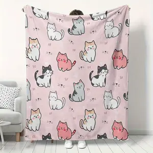 [Cozy Cat Blanket] Soft Plush Flannel Cat Blanket - Geometric Cat Faces & Paw Print Design, Lightweight All-Season Cozy Throw for Sofa, Bed, Living Room - Perfect Gift for Cat Lovers & Pet Owners, Multiple Sizes Available