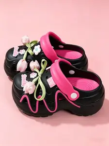 Tulip Heart Holes Shoes for Girls, Unique Design Milk Fufu Versatile Closed-Toe Slippers, Sizes 35-40, Fashionable and Comfortable