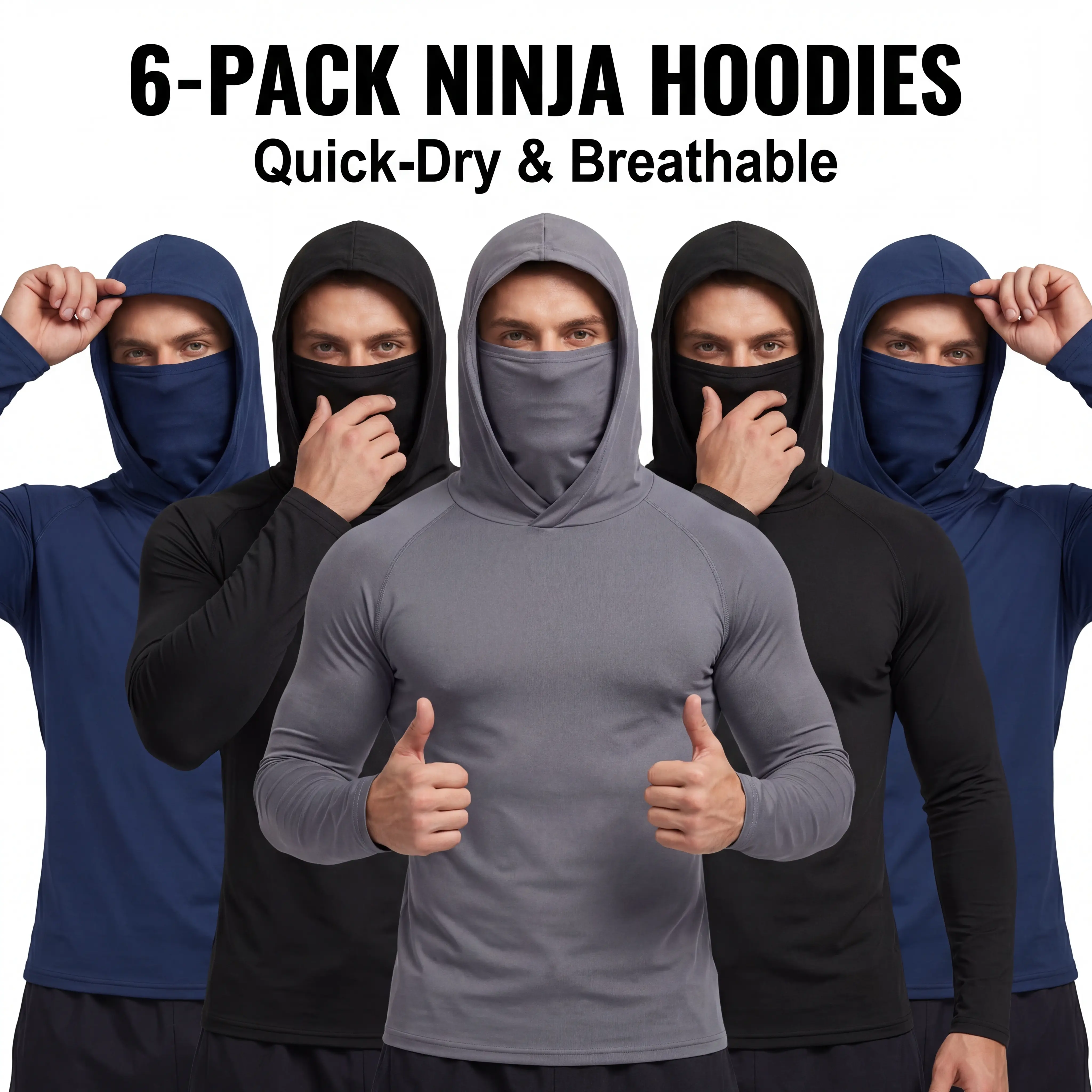 6-piece set men's outdoor work sun protection clothing with sun-blocking hoodie, featuring built-in face mask and neck guard, breathable long-sleeve hoodie