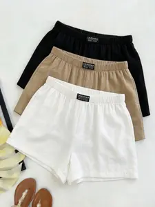 Women's Linen Blend Elastic Waist Shorts Set, Solid Casual Basic Loose Fit Summer Home Wear, Breathable Lightweight Fabric, Beach & Daily Use, Casual Comfy Shorts
