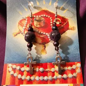 The Jewel: Ankh Egyptian Cross Amethyst Dangle Earrings with Crystal Beaded Accents and Colorful Design Featuring Ankh Charms