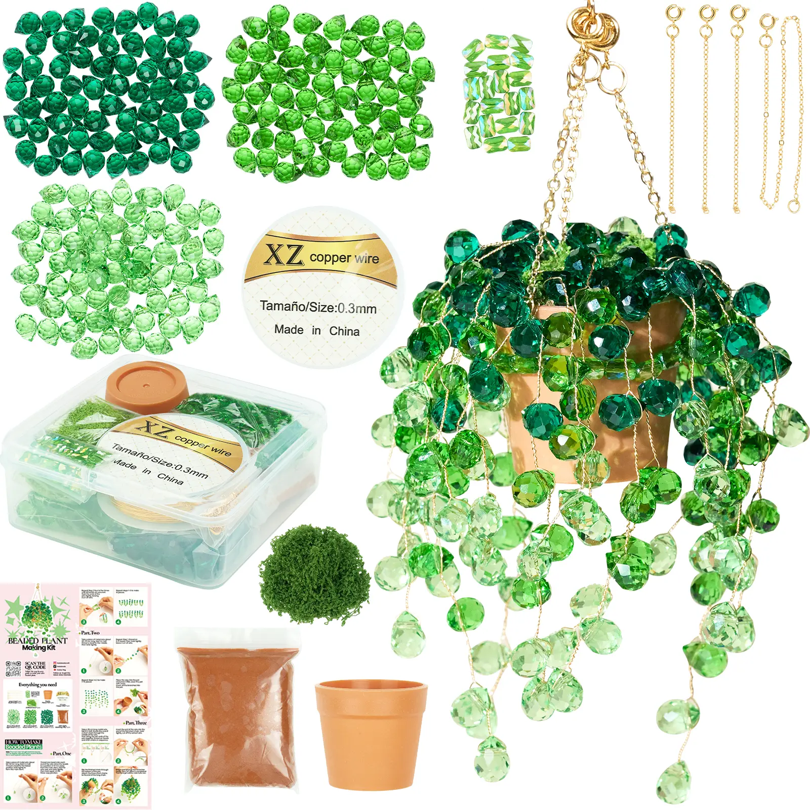 Beaded Plants Kit, Green Beads Leaf Glass Flowers for Succulent Plant Lover Jewelry Making DIY Craft Gifts Colorful Dangling Charms Sun Catchers Window Home Décor