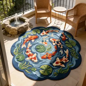 Creative Irregular Shaped Lotus Koi Pattern Carpet, Vintage Minimalist Plush Floor Mat for Living Room and Bedroom, Home Decor Rugs, Foldable and Easy to Clean