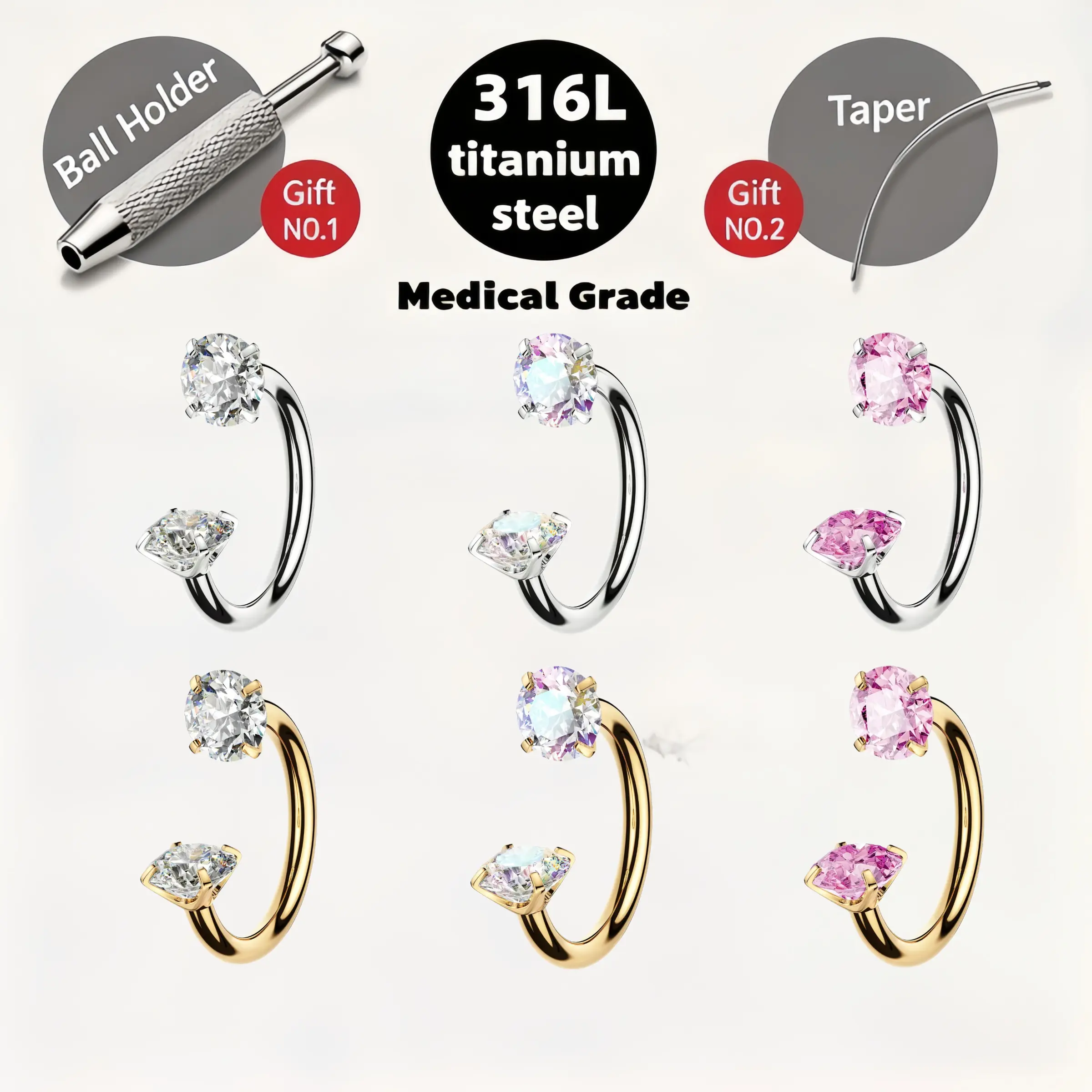 Nose Rings Set for Female, 3-Pack Medical Grade Titanium Steel Horseshoe Body Piercing Jewelry, 20g (0.8mm)-8mm Internally Threaded Gem Septum Jewelry with Elegant Design, Everyday Wear & Daily Maintenance Tools, No Irritation, Colorfast