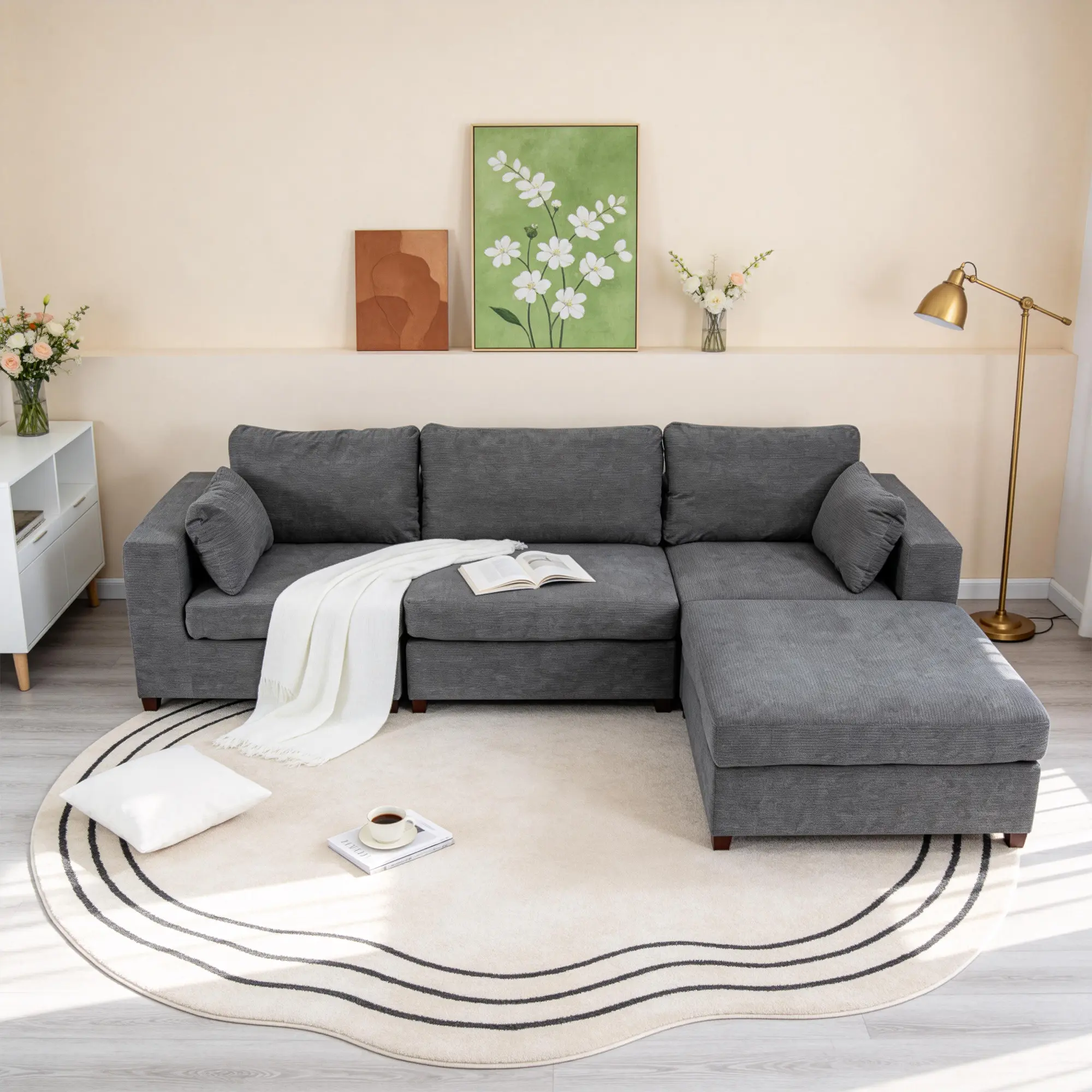 Cloud-Like Modular Sectional Sofa, Washable Chenille Couch with Removable Covers & Feather-Filled Cushions