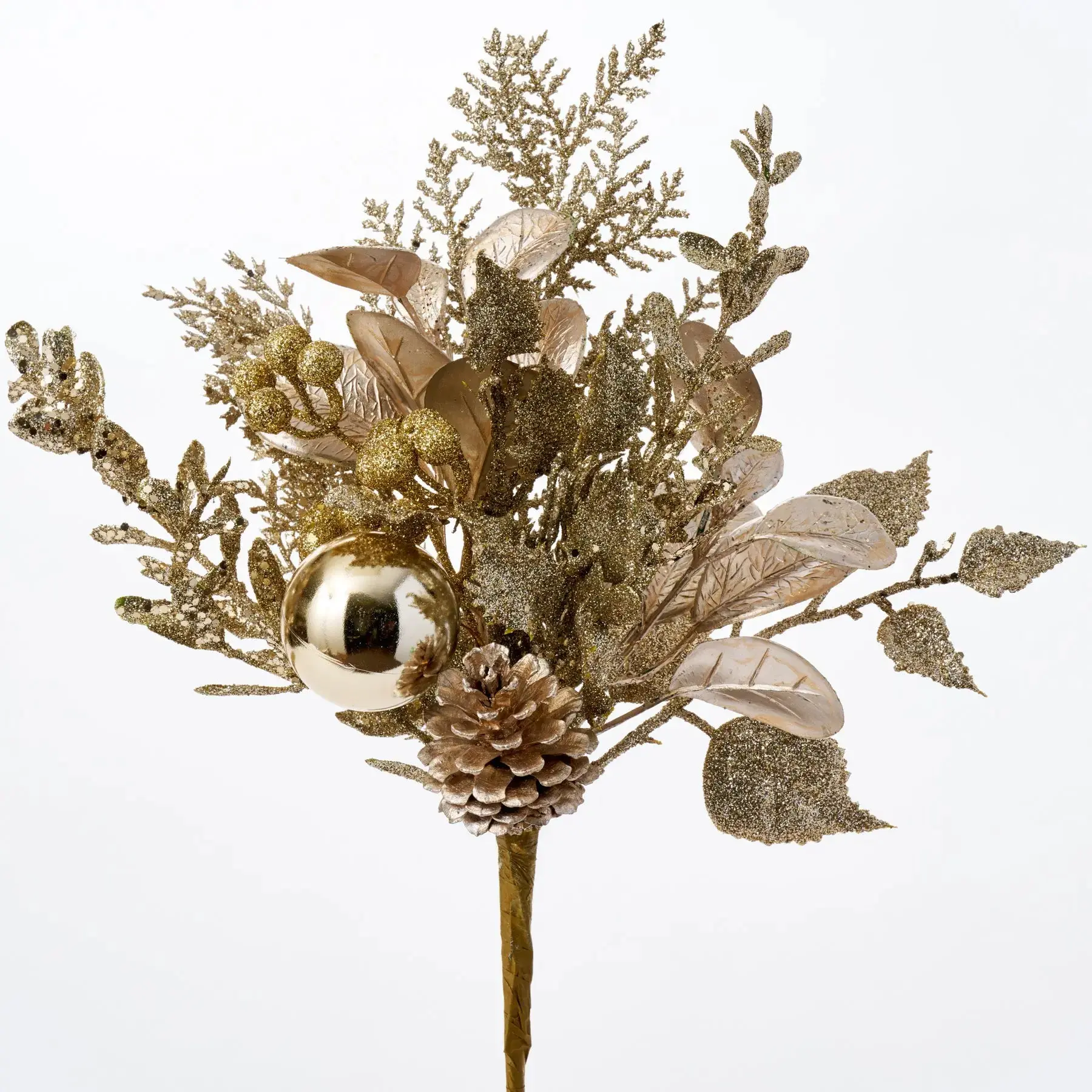 16" Decorative Champagne Gold-Bronze Glitter Leaf, Berry, Pinecone & Shiny Ball Holiday Ornament Spray - Synthetic Textured Artificial Plant Home Decor Accessory