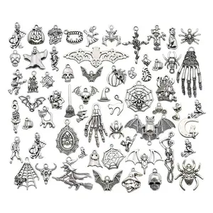 50Pcs Mixed Halloween Bat Skeleton  Charms Pendants DIY Jewelry Making