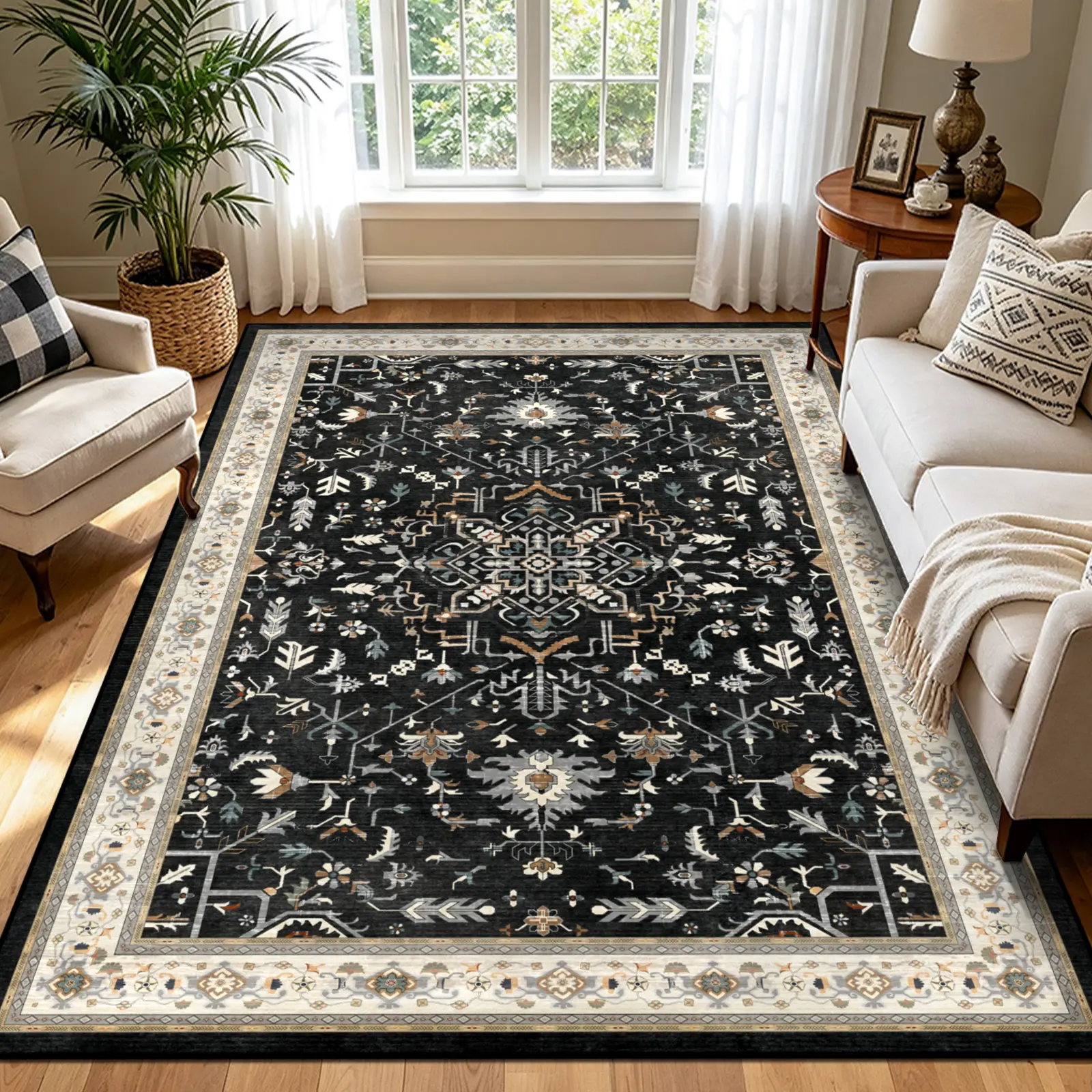 Geanup Boho Low Pile Vintage Rug - 0.3-in Rectangular Soft Faux Wool Thin Printed Carpet, Anti-Skid Dustproof Washable, Living Room Rugs for Hallway Entryway, Rugs For Living Room