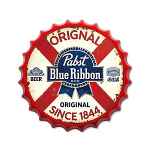 Vintage Beer Bottle Cap Metal Wall Art, 13.7 Inch Round Tin Sign with Frame, Ideal for Bar, Pub, or Café Decoration