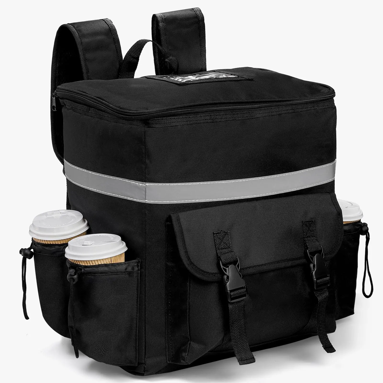 Food Delivery Backpack  Insulated Reusable Pizza Bag With 4 Cup Holder Waterproof Thermal Catering Bags Reflective Strip For Bike Hot Cold Camping