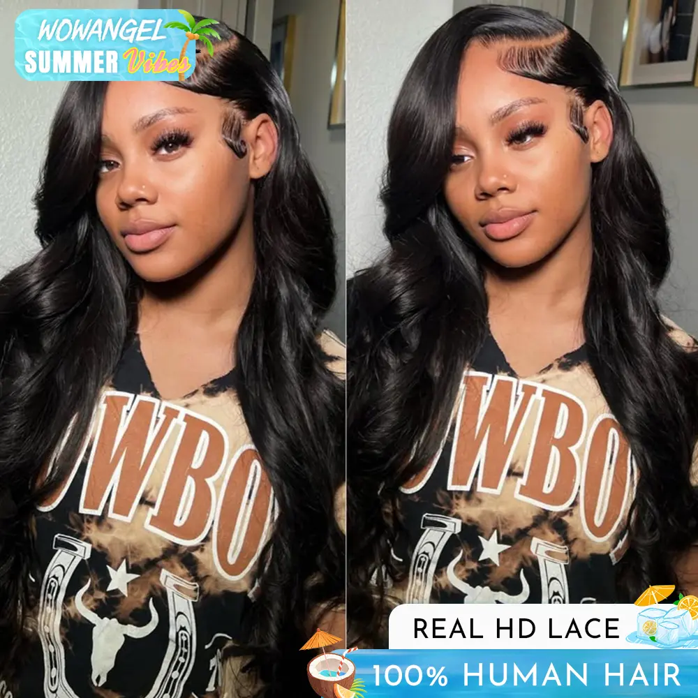WOWANGEL 13x6 Full Frontal Body Wave Texture Lace Frontal HD Lace 250% Density Real Human Hair Wig Straight Pre Plucked Hairline and Bleached Knots  #SummerVibes