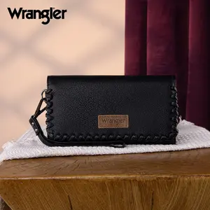 Wrangler RFID Blocking Whipstitch Wristlet Wallet for Women - Solid Color Casual Style with 6 Card Slots & 2 Main Pockets - Durable PU Leather Clutch TikTokShopJumpstartSale