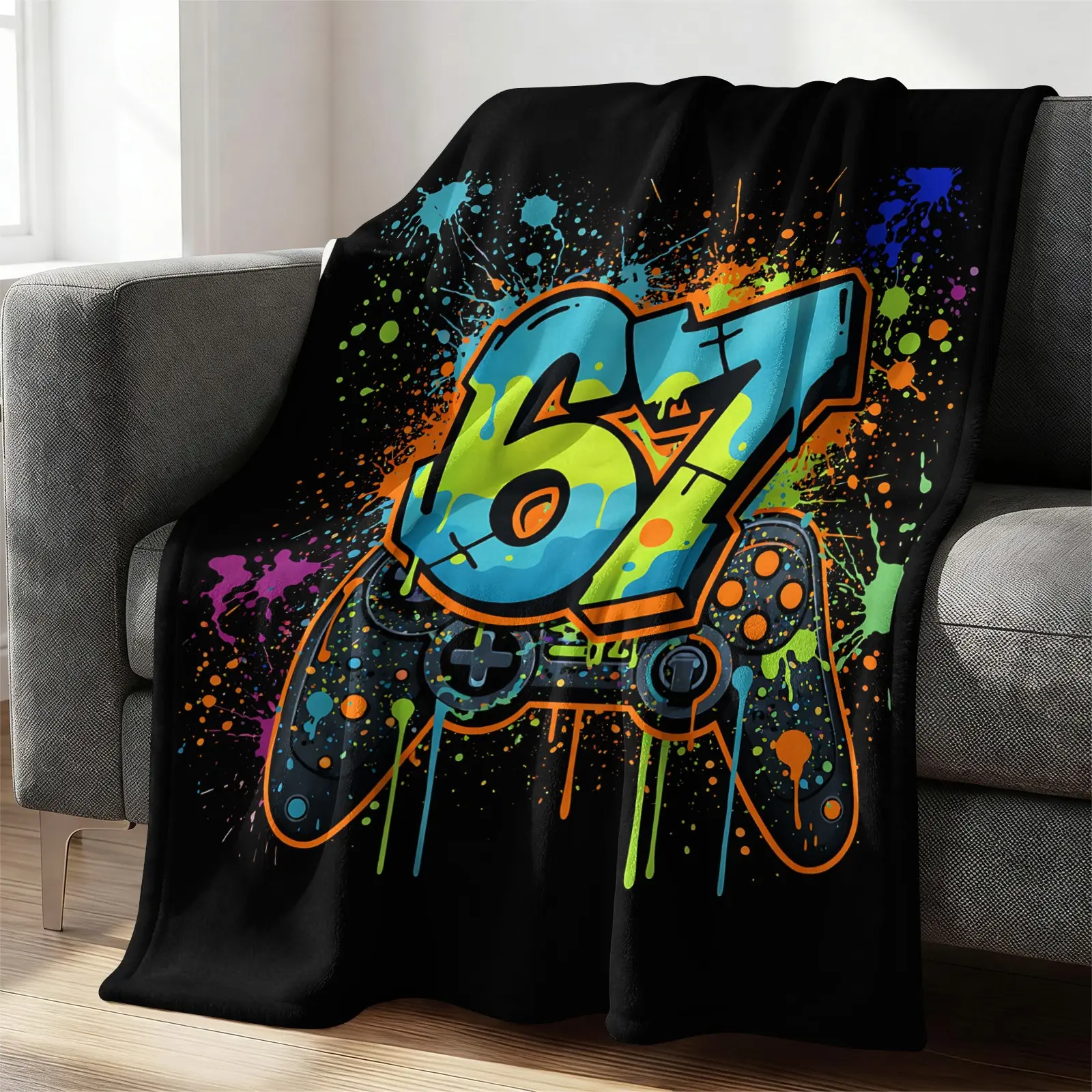 Gamer 67 Graffiti Flannel Blanket, Cool Game Controller Throw Blanket, Soft Warm Digital Print Blanket for Couch, Bed, Gaming Room, Cozy Fleece Gift Blanket for Teen Boys, Kids, Gamers, Printed Flannel Blanket