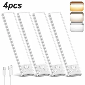 4 PCS USB Rechargeable LED Under Cabinet Light, Magnetic Wireless Night Light with Motion-Sensor Function, Warm Light, for Corridor, Stairs, Bedside, Decorative Wall Light, Led Wall Lamps, Led Lighting, Adjustable Lights, Nightlight For Bedroom