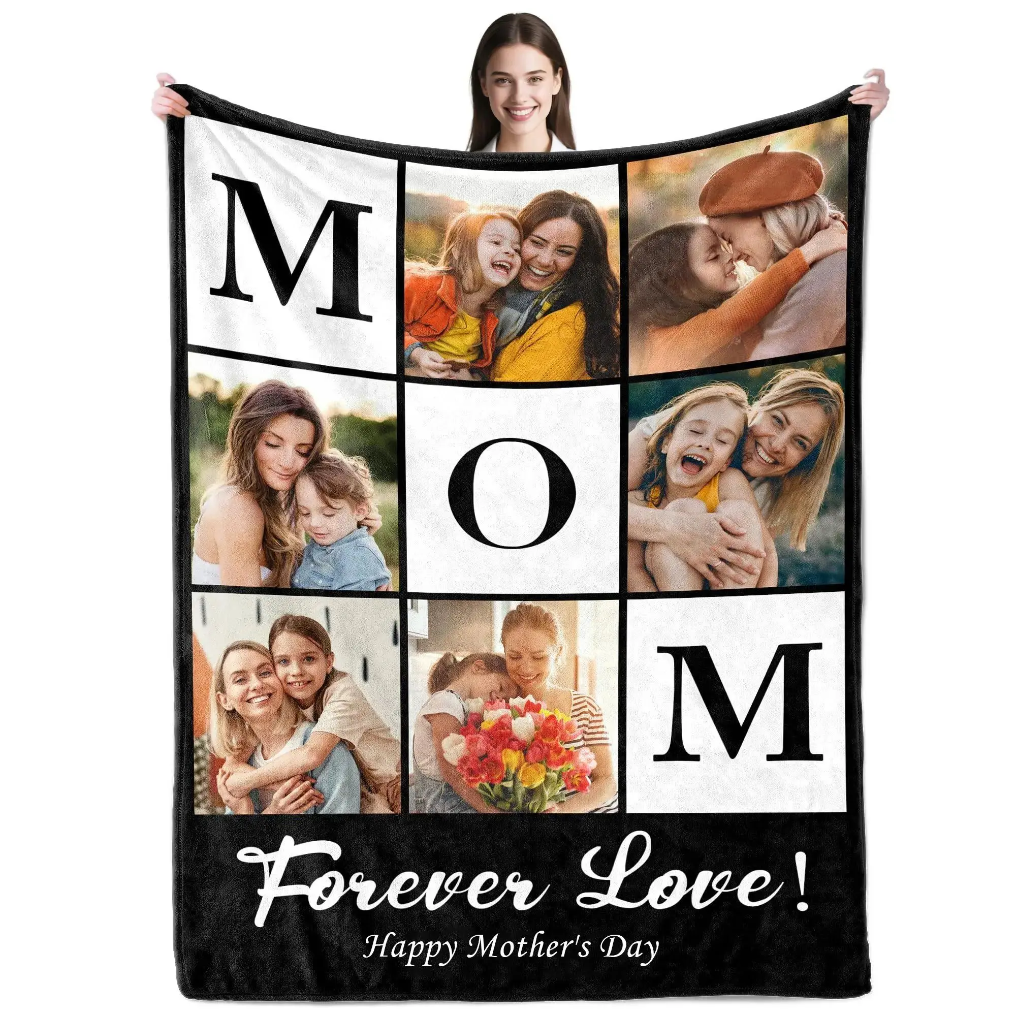 Custom Mom Photo Collage Fleece Throw Blanket, Personalized Mother's Day Gift from Kids, Soft Flannel Couch & Bed Blanket