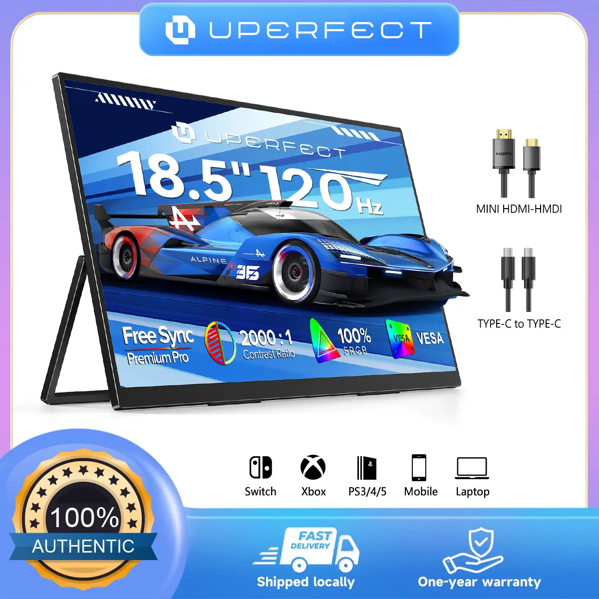 UPERFECT GR185CF 18.5 inches 120Hz Portable Gaming Monitor 1080P IPS Single Screen Display 100% sRGB Color Gamut Eye-Friendly Design, Ultra-Thin Design Dual Speakers with Built-in Stand Laptop Screen Extender