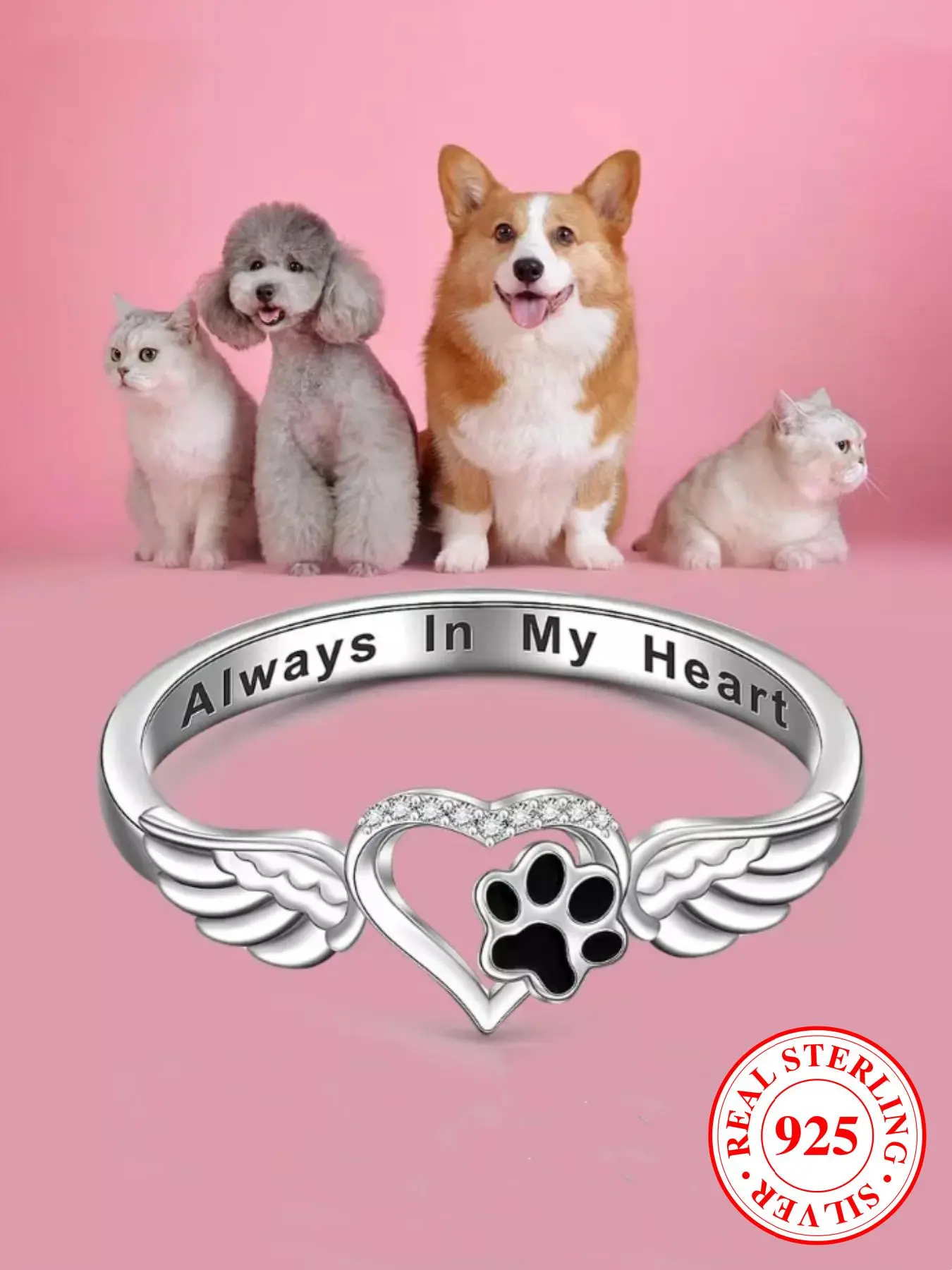 S925 Sterling Silver Cute Dog Paw & Wing Design Statement Rings, Beautiful Rings, Elegant Engagement Promise Ring Wedding Promise Band for Women & Girls, Fashion All-match Jewelry for Daily Decor As Gift Heart Signet Ring