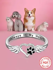 S925 Sterling Silver Cute Dog Paw & Wing Design Statement Rings, Elegant Promise Ring for Women & Girls, Fashion All-match Jewelry for Daily Decor As Gift Heart Signet Ring