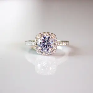 Square Cut Halo Engagement Ring-Sterling Silver Plated in Rhodium