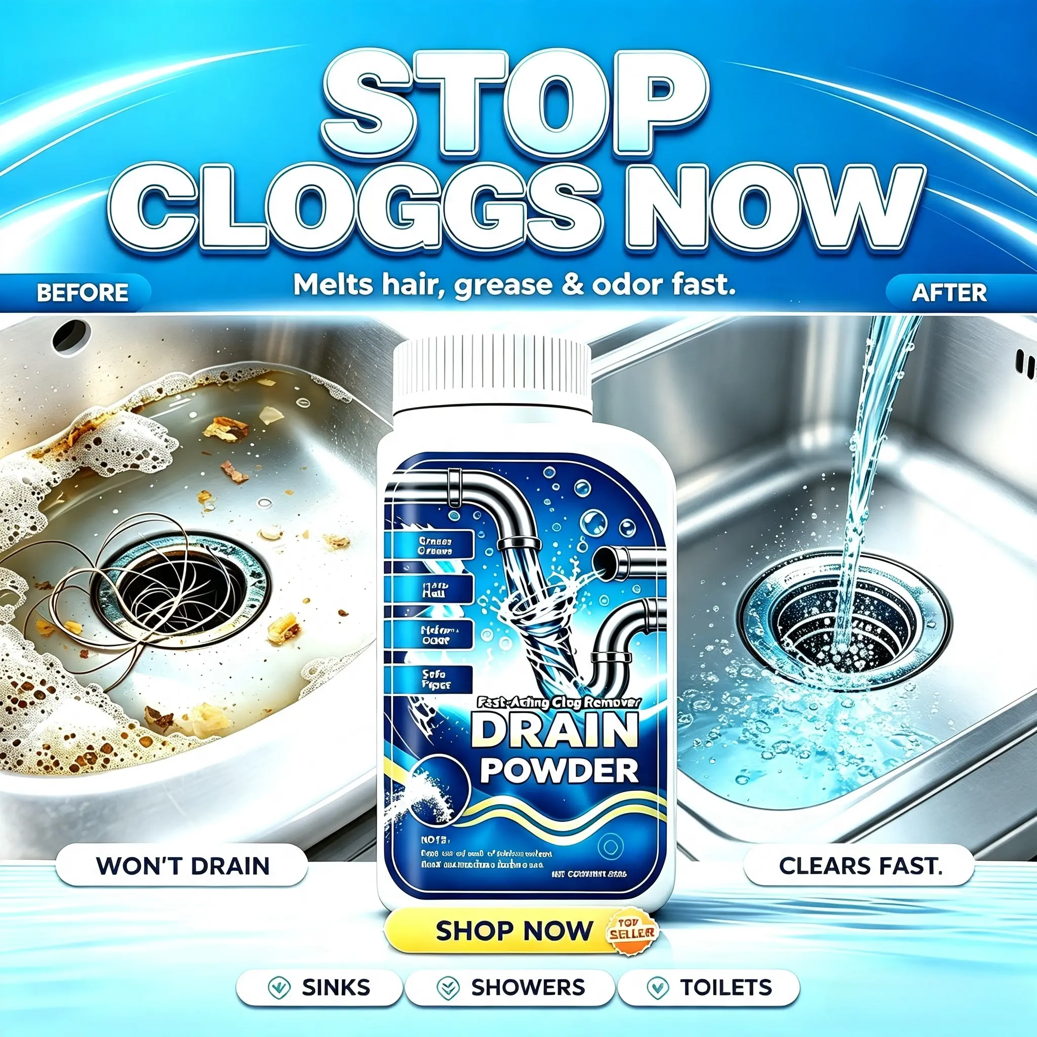 1/2/3/4/6/12 pcs of Powerful Pipe Cleaning Agent - Drain CleaningTool,   drain opener,   Household Kitchen Cleaner, 99% Bacteria-Killing Solution, Odourless, Pipe-Safe, High-TempCompatible, Dissolves 200+ Blockages