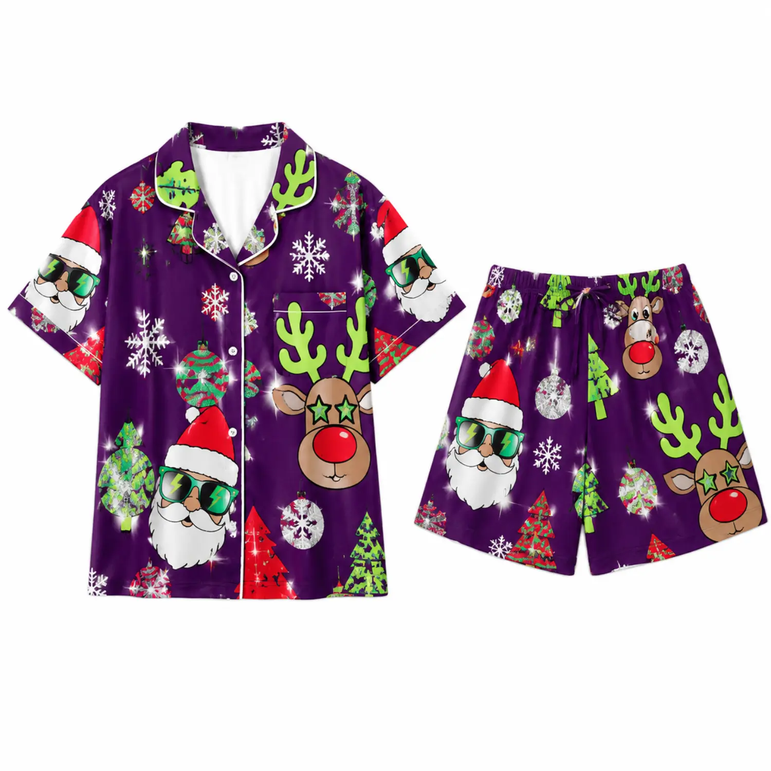 Christmas Santa and Reindeer Print Purple Short Sleeve Pajama Set with Button Front Sleep Shirt and Shorts