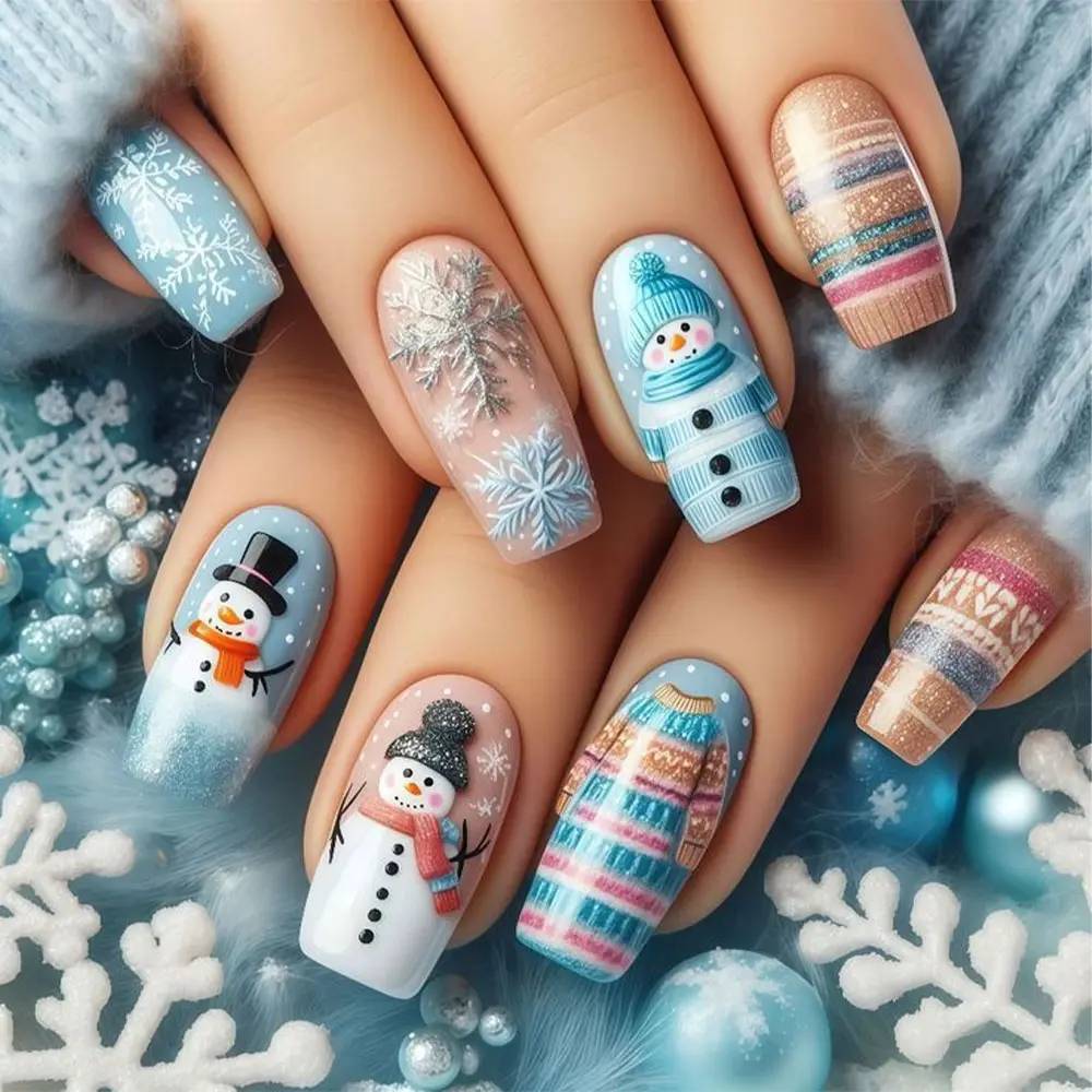 Christmas 24pcs Medium Square Press-On Nails, Snowman & Snowflake Design, Acrylic False Nails, Includes Jelly Glue & Nail File