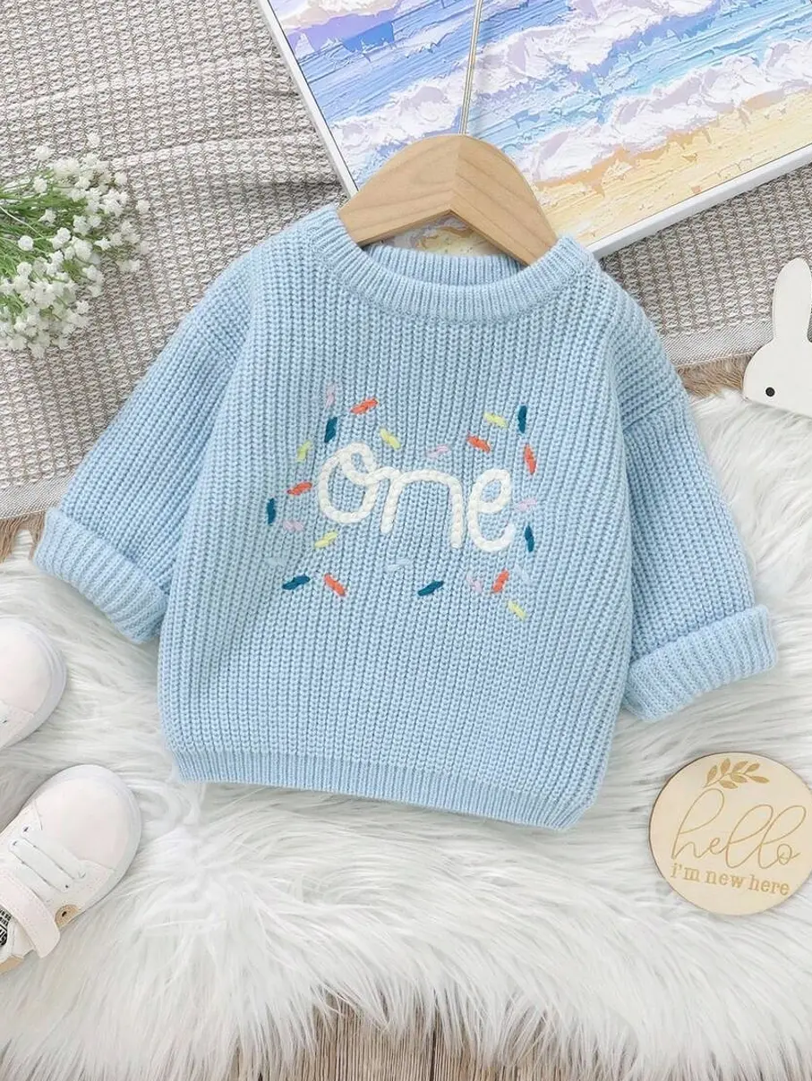 Souflis Souflis Baby Boy Light Blue Embroidered Pullover Sweater,Cute Round Neck Long Sleeve Knitted Jumper,Autumn First Birthday Gift One Year Solid Color Photoshoot