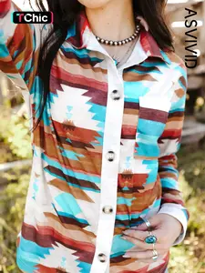 Women's All Over Geometric Print Button Front Pocket Shirt, Western Style Drop Shoulder Collared Top for Spring & Fall, Women's Clothes for Daily Wear