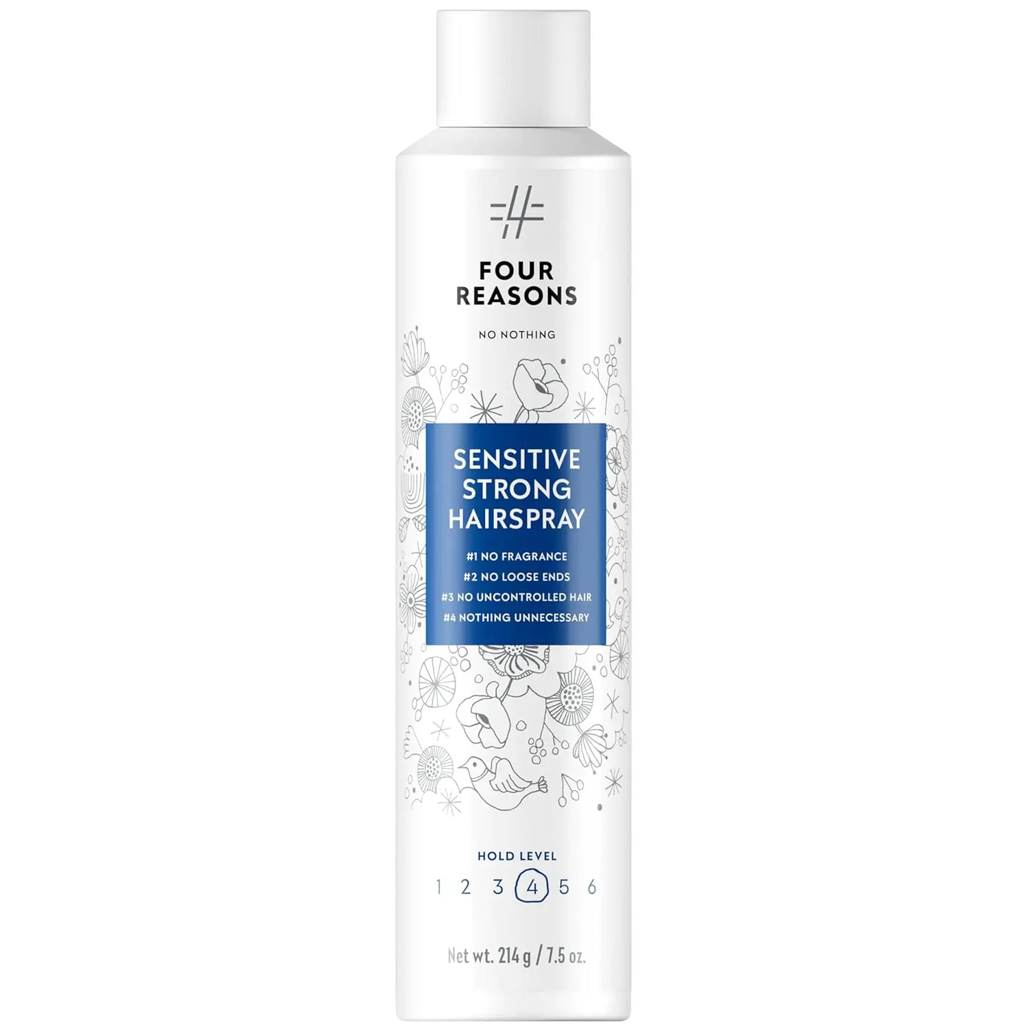 Four Reasons No Nothing Sensitive Strong Hairspray, Fragrance-Free Strong Hold Spray for Sensitive Scalp, Frizz Control and Shine, 7.5 oz Gentle Haircare