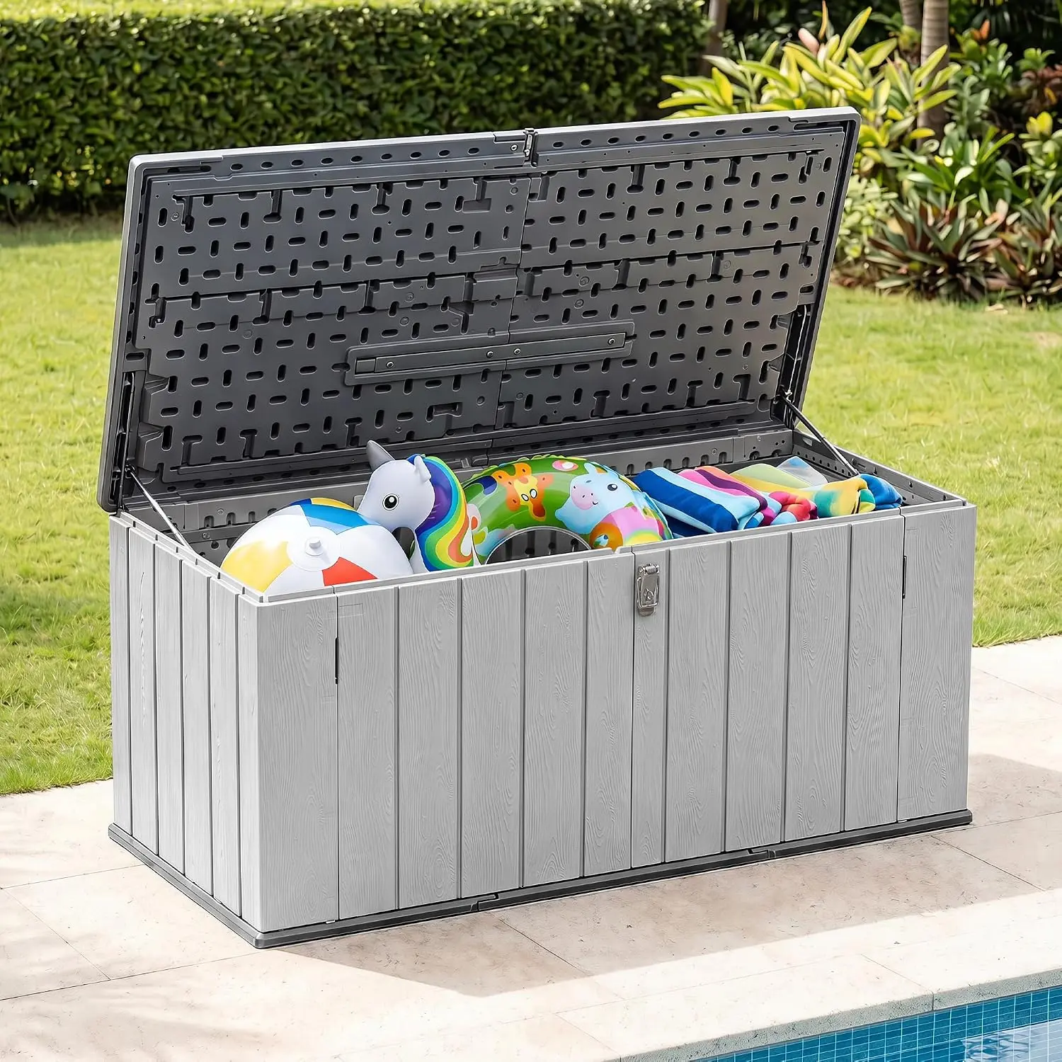 Outdoor Storage Shed, Resin Waterproof Storage Cabinet, Large Lockable Deck Box with Spring-Assisted Lid, Patio Storage for Garden, Pool, Backyards