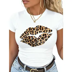 Womens Cotton Short Sleeve Graphic Tee Leopard Print Lips Shirt Cute Trendy Casual Summer Top For Streetwear Outfits Going Out Date Night Brunch