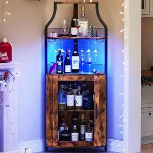 Corner Bar Cabinet with LED Lights, Wine Bar Cabinet with Adjustable Shelf and Glass Holder 5-Tiers Storage Space Corner Liquor Cabinet Industrial Liquor Cabinet for Small Space