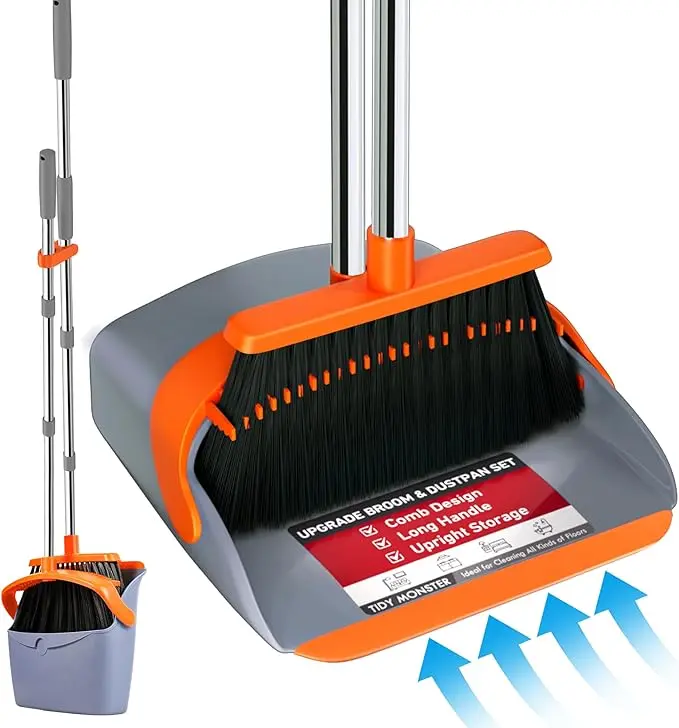 Large Upright Broom & Dustpan Combo Set, 52" Long Handle, Self-Cleaning Dustpan with Teeth for Indoor-Outdoor Garden Raking & Hardware Cleaning Tasks