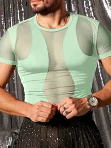 INCERUN Men's Fashion Casual Streetwear Deconstructed Patchwork Transparent Round Neck Plain Short Sleeve T-Shirt, Polyester, Perfect for Daily Wear, Stylish and Comfortable, Menswear Top