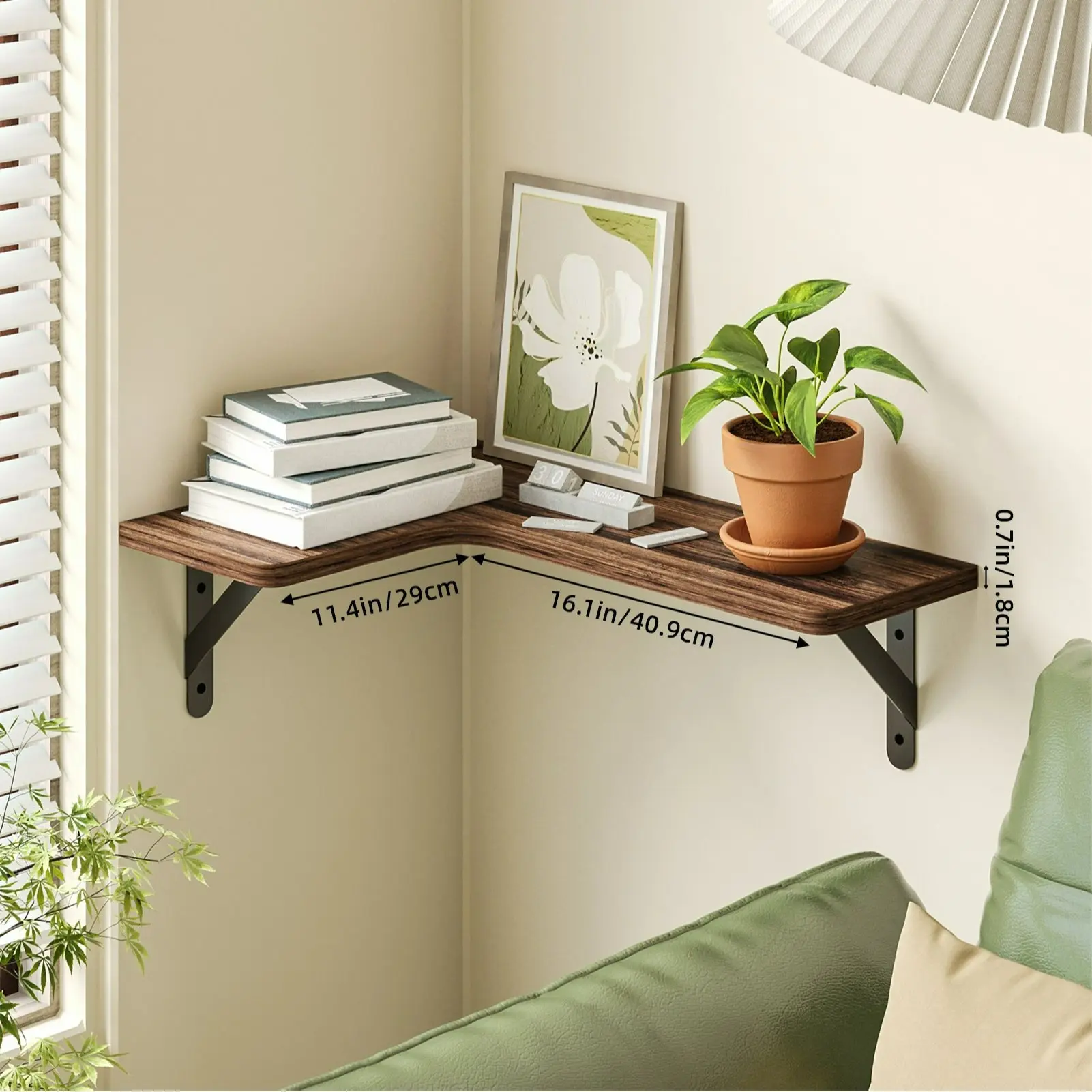 2 Pack Rustic Dark Brown L Shape Corner Floating Shelves, 40 Lbs Heavy Duty Weight Capacity Wood Wall Mount Display Shelving, Farmhouse Wall Storage Rack for Kitchen Bathroom Bedroom Office Decor