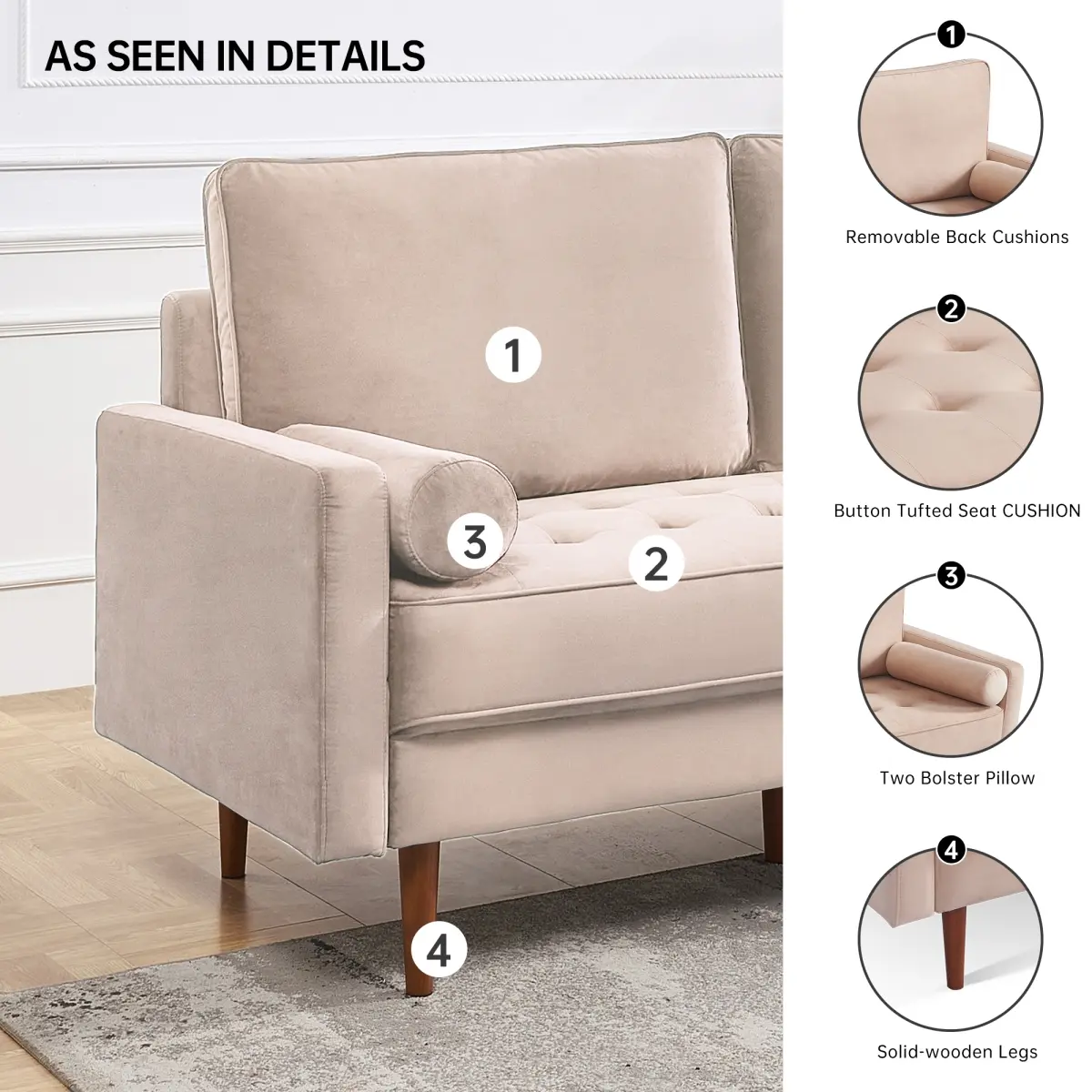 212 MAIN 69 in. Mid-Century Low Profile Velvet Fabric Sofa - Modern Comfy Couch, 2-Cushion Upholstered Sofas, Indoor Home Furniture with High Resilience Bolster Pillows, Beige (Model SS2788V-BG3S)