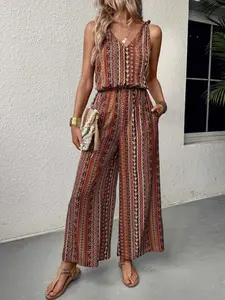 Women's Casual Boho Striped Print Spaghetti Strap Sleeveless Woven Fitted Jumpsuit, Elastic Waist One-Piece, Perfect for Daily Wear & Summer Fashion Bohemian