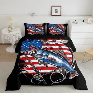 Quilted Comforter Set - Comfy Bedding Sets with American Flag Design, Farmhouse Fishing Theme, Wild Fish Room Decor, Red Blue Stripes, Twin/Full/King Sizes (Twin Size Comforter Included)