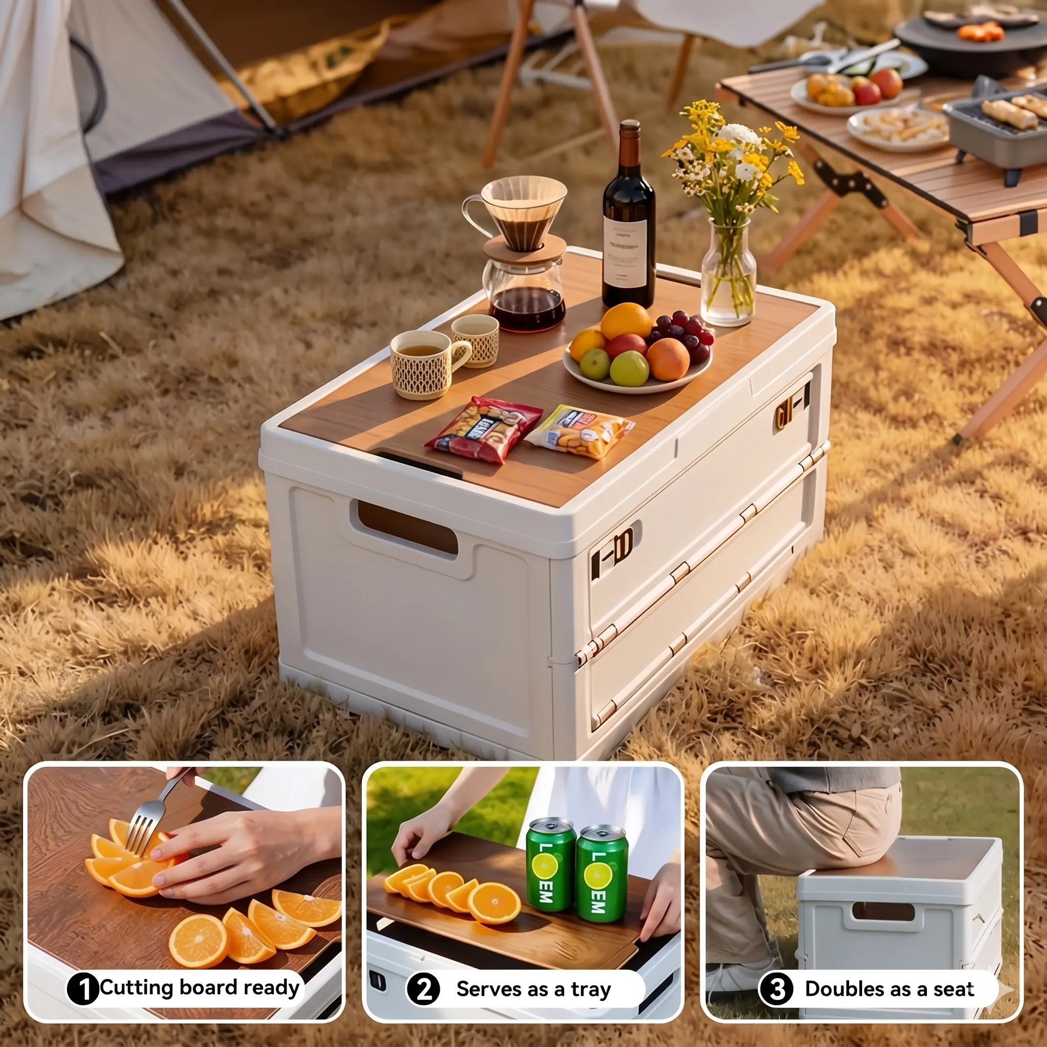 3-in-1 Collapsible Camping Storage Box with Wooden Lid: Heavy-Duty, Stackable Storage and Organizer Bin featuring Side-Opening Doors.An essential piece of camping gear and equipment-a must-have for camping trips, RV living, off-road adventures, picnics,