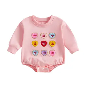 REDWOON Newborn Baby Girl Sweatshirt Romper Heart Embroidery Long Sleeve Bubble Bodysuit Valentines Day Clothes