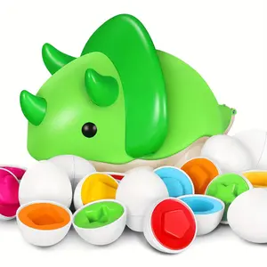 Colorful Plastic Easter Egg Shape Sorter, 12-Piece Matching Egg Set with Dinosaur Storage Case, Montessori Sensory Toddler Playset for 18+ Months, Easter Basket Stuffer, Interactive Learning Puzzle