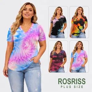 ROSRISS Women's Plus Size Jersey Spandex Tie-Dye V-Neck Summer Short-Sleeve Loose-Fit T-Shirts, XL-5XL DPS1088, Everyday Streetwear outdoorfun