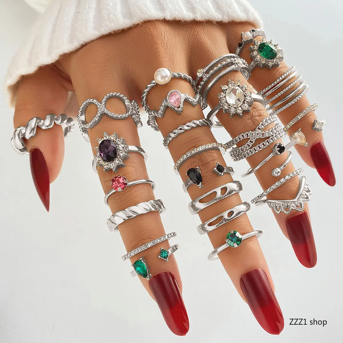 Women's Silver Rings Set - Bohemian Stackable Rings, Exquisite Trendy Vintage Crystal Gemstone Joint Knuckle Statement Jewelry, Boho Party Gift for Complementing Sports & Outdoor Accessories, Exquisite Trendy Ring