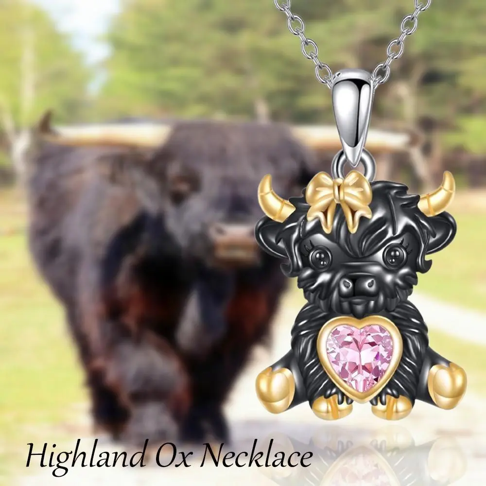 Black Highland Cow Pendant Necklace, Cute Animal Jewelry with Crystal Heart for Women and Men, Casual Anniversary Gift for Partner & Cow Enthusiasts, Adults, Daily, Long, Birthday, Love, Female, Unique Design Pendant, Women/Men