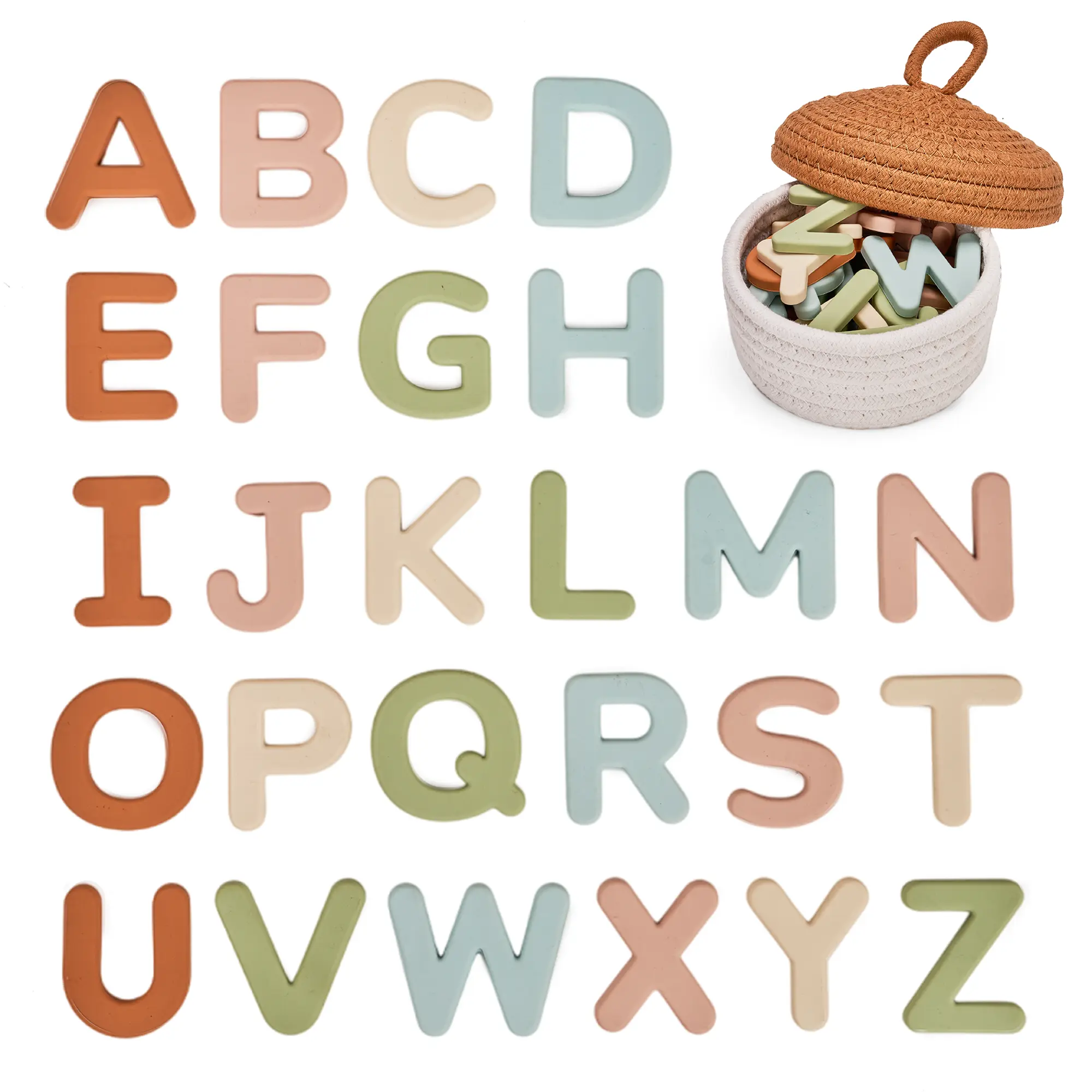 JoyCat Silicone Alphabet Magnets for Fridge - 26 Uppercase ABCs, 2.05x2.05in Muted Tones, Embedded Magnetism, Lightweight Waterproof Preschool Math Toy, Cool Gifts for Kids, Reusable Linen Box Included